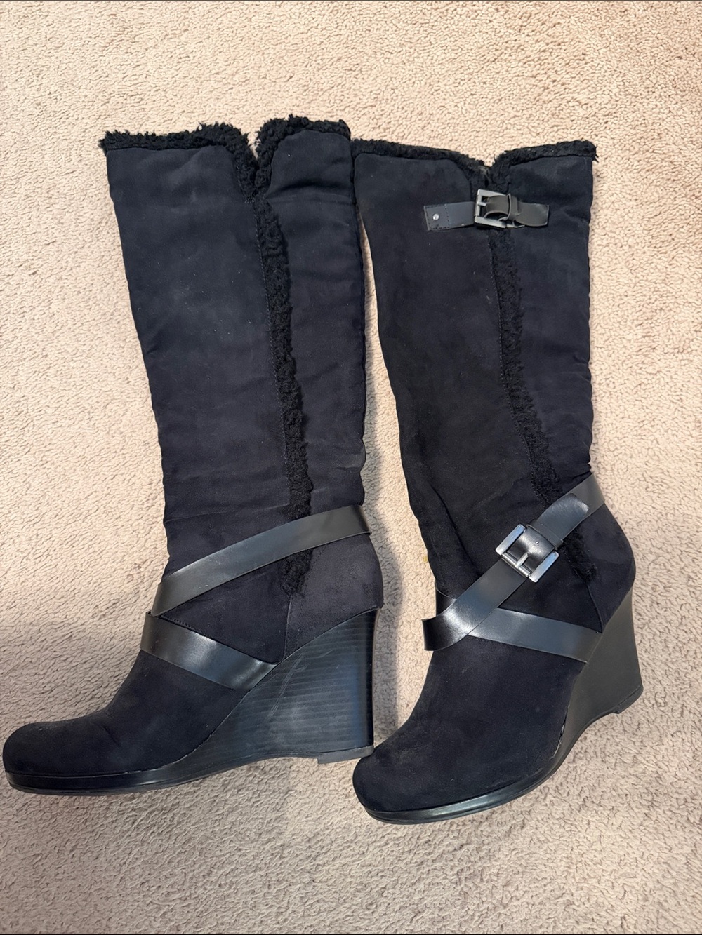 Studio Paolo Black Suede-Look Wedge Boots with Buckle Straps